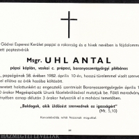 Uhl Antal gyászjelentése.
